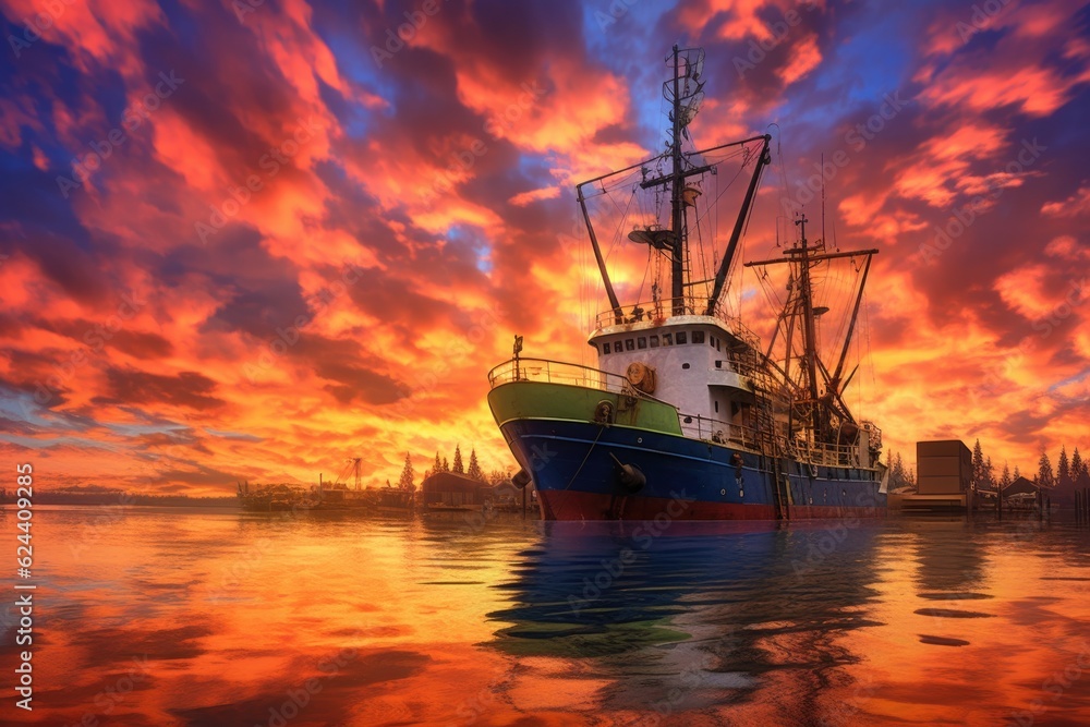 fishing trawler leaving a harbor under a colorful sky, created with generative ai