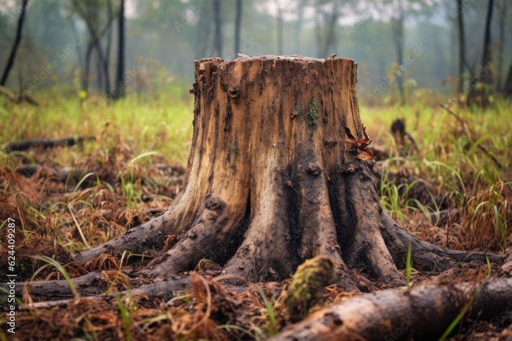 close-up of tree stump in deforested region, created with generative ai