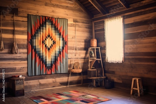 navajo rug hanging on a rustic wooden wall, created with generative ai