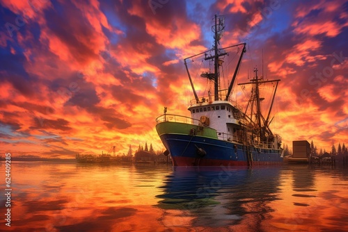 fishing trawler leaving a harbor under a colorful sky, created with generative ai