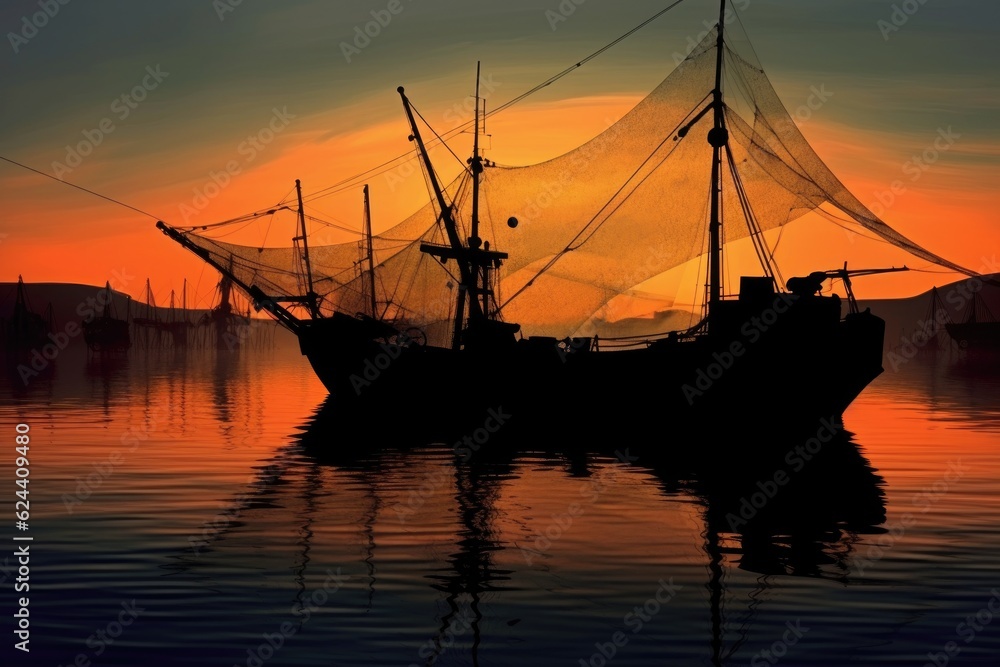 silhouette of trawler and fishing nets at dusk, created with generative ai