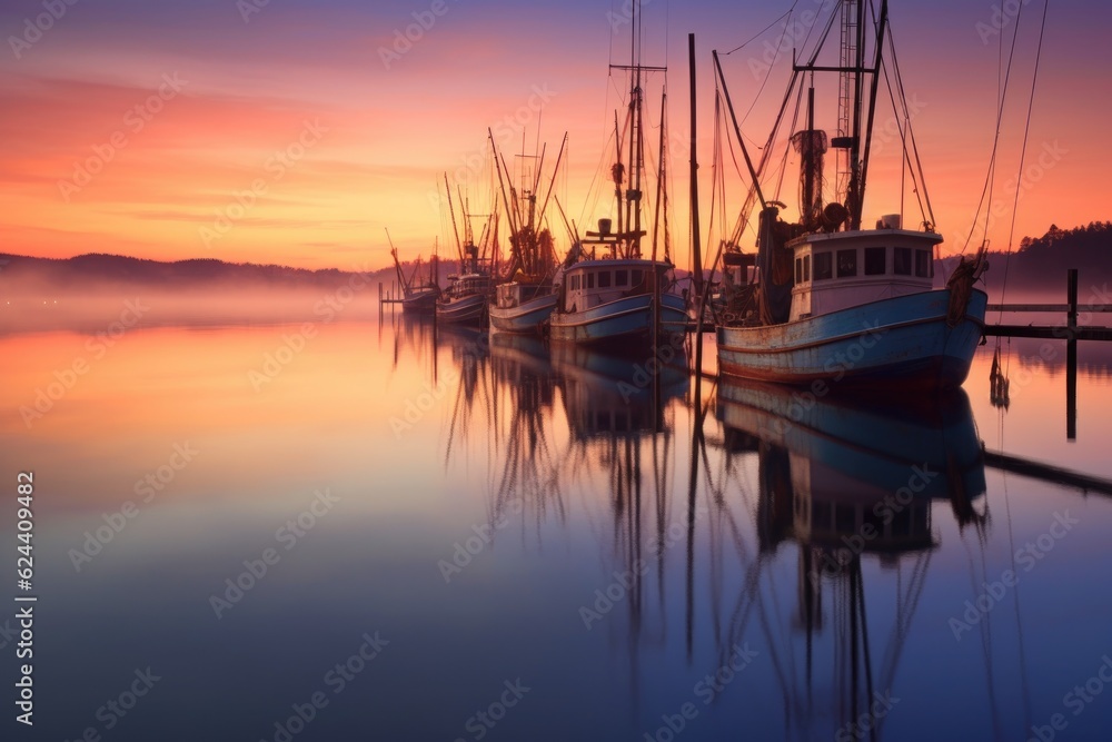 trawlers reflection on calm water during dusk, created with generative ai