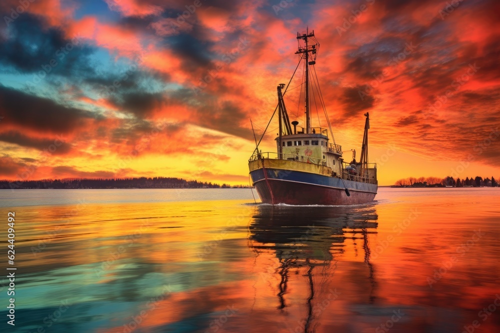 Fototapeta premium fishing trawler leaving a harbor under a colorful sky, created with generative ai
