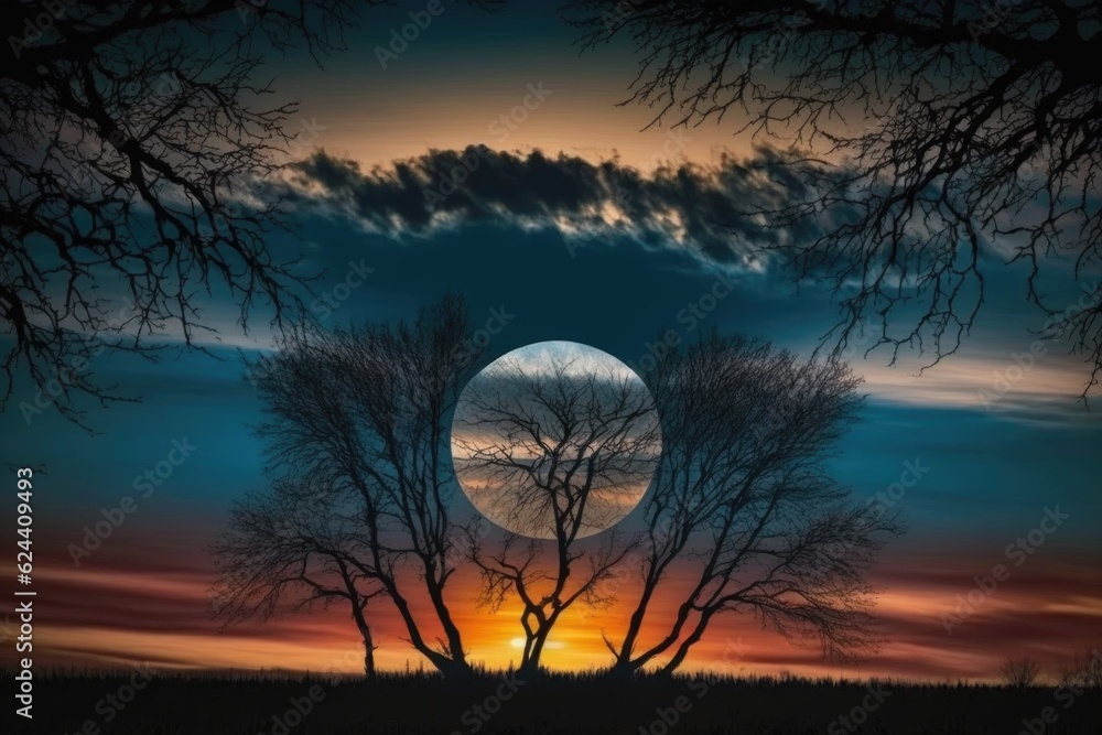 Obraz premium peaceful sunrise with full moon in the background, silhouetting trees and clouds, created with generative ai