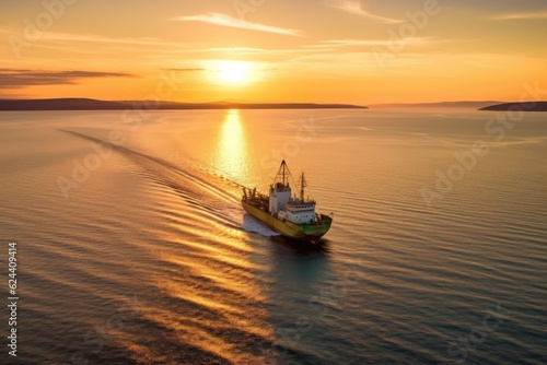 aerial view of fishing trawler heading to shore at sunset, created with generative ai