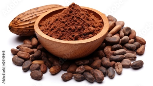 Cocoa ingredients with cocoa beans and cocoa mass isolated on white background. Generative Ai