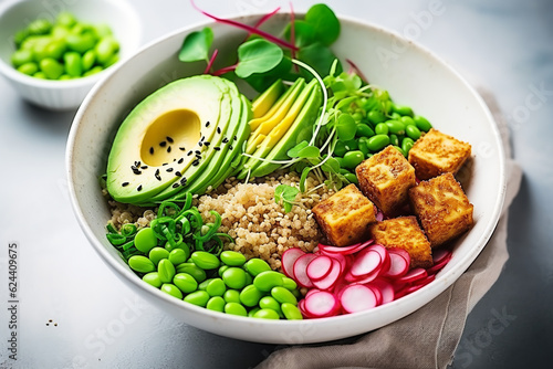 Healthy vegan food. Buddha bowl with quinoa, fried tofu, avocado, edamame, green peas, radish, cabbage and sesame seeds. White kitchen table background, top view.ai generative