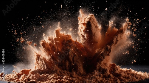 Explosion of cocoa powder with lumps on black background. Generative Ai
