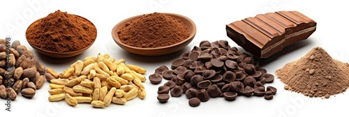 Cocoa ingredients with cocoa beans, fresh cocoa pod and cocoa mass isolated on white background. Generative Ai