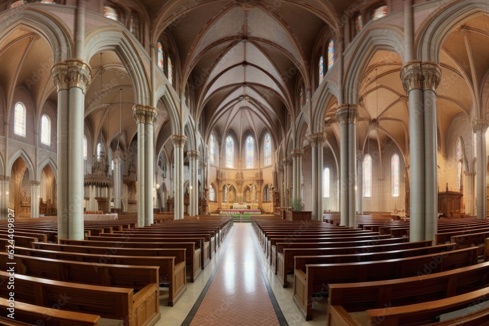 panoramic view of the expansive nave and altar, created with generative ai