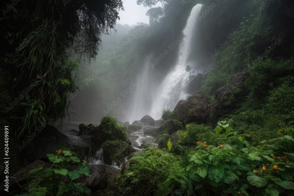 mood-setting waterfall surrounded by lush greenery and misty atmosphere, created with generative ai