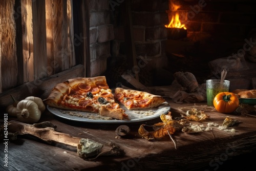 half-eaten pizza on a rustic wooden table, created with generative ai