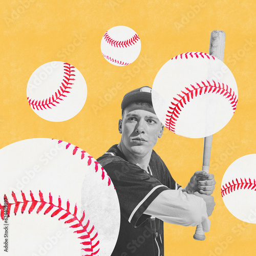 Contemporary art collage. Young man, professional sportsman playing baseball over yellow background with baseball balls photo