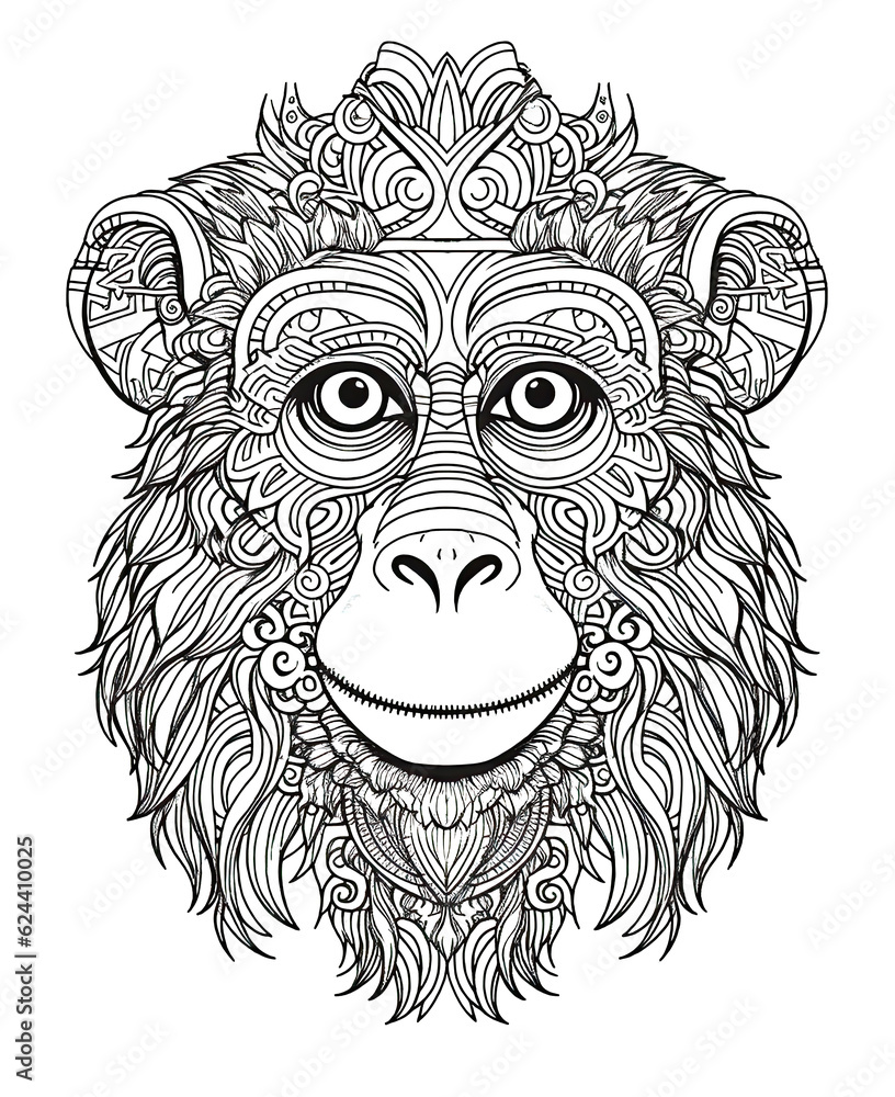 Fototapeta premium Mandala, black and white illustration for coloring animals, monkey.