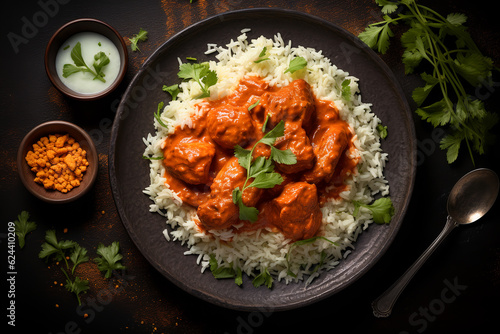 Delicious Plate of Butter Chicken and Rice, top view, dark background.ai generative