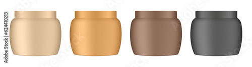 Set of beige, gold, brown and black cosmetic jars. Realistic mockup. Korean packaging. Conditioner or hair mask. Facial cream