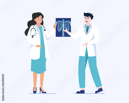 doctors team examines a chest x-ray of a patient Radiologist concept illustration