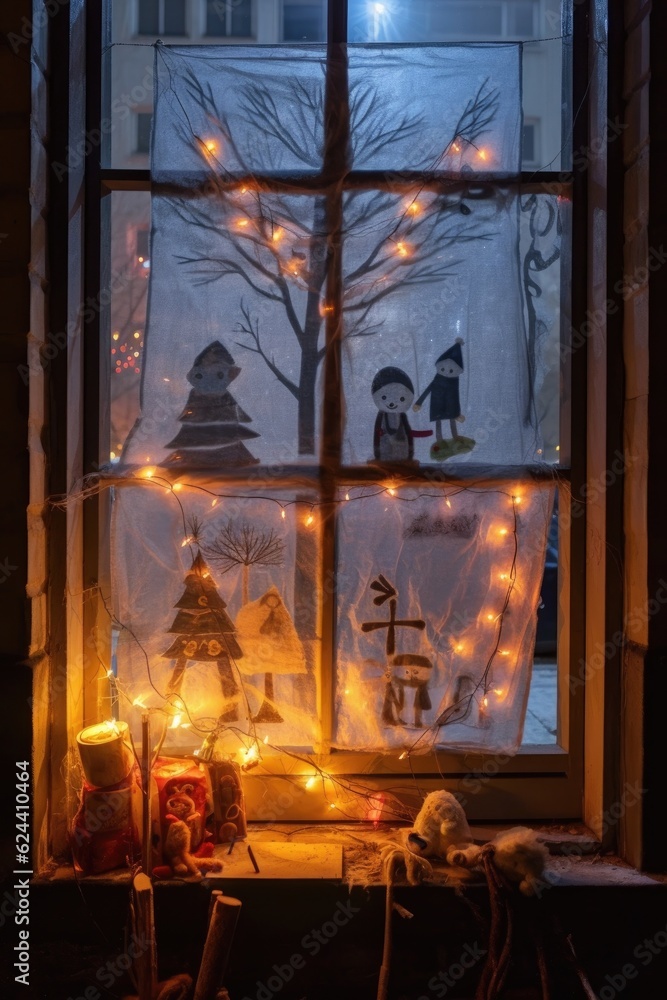 frosty window with festive drawings and fairy lights, created with generative ai