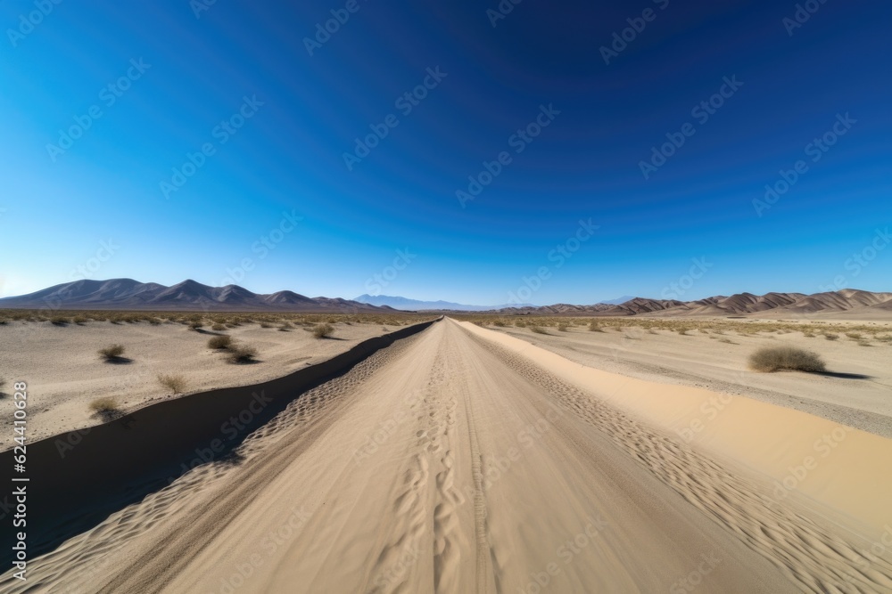 scenic road trip through a desert landscape, with endless sand dunes and clear blue skies, created with generative ai