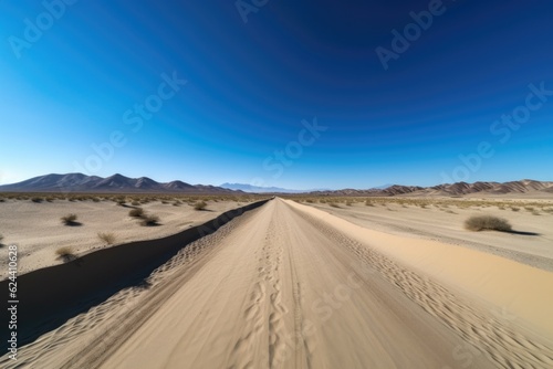 scenic road trip through a desert landscape, with endless sand dunes and clear blue skies, created with generative ai