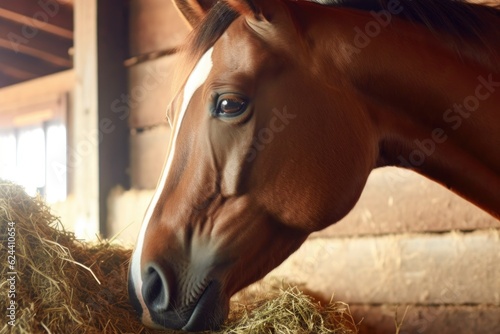 close-up of a horse munching on hay in a stable, created with generative ai