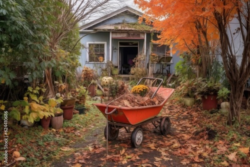 Leinwand Poster autumn yard with wheelbarrow full of fallen leaves, created with generative ai