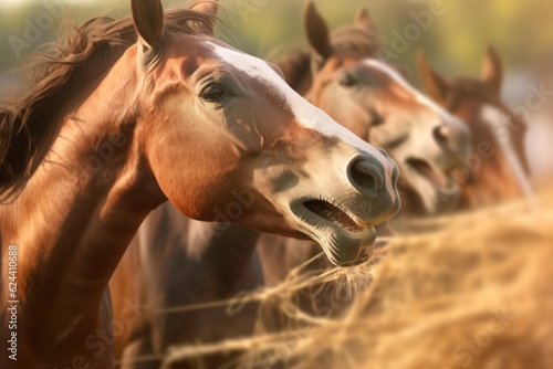 horses teeth grinding hay with blurred background, created with generative ai