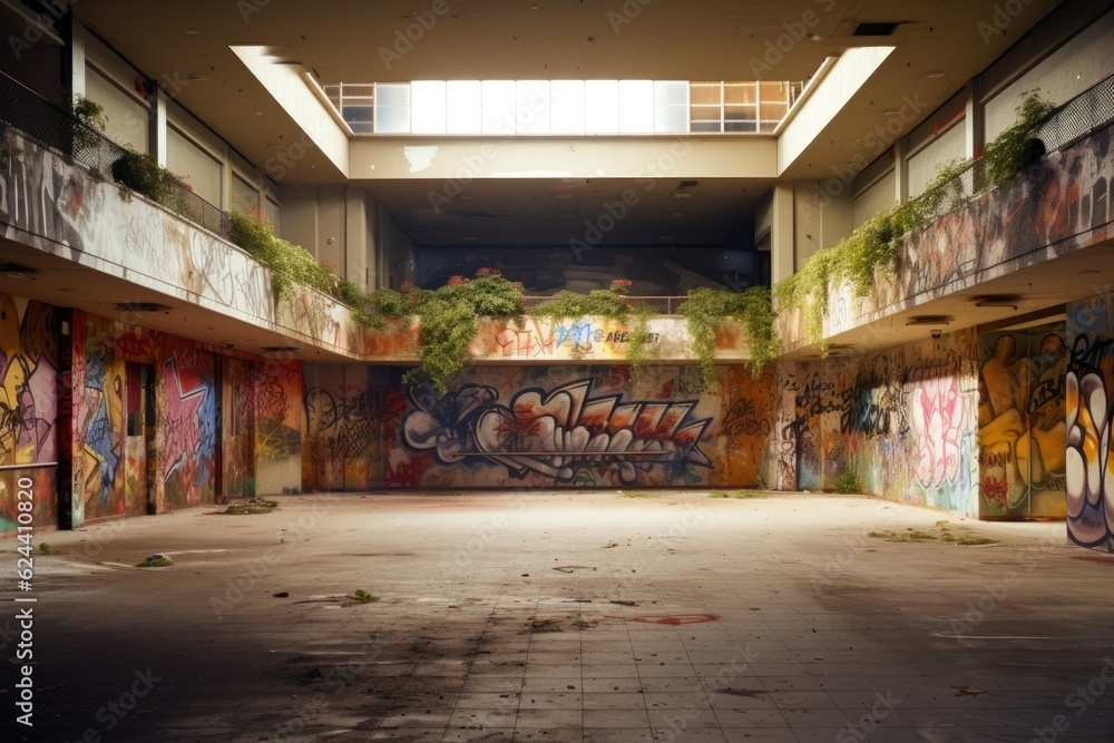 graffiti-covered walls inside a vacant mall, created with generative ai