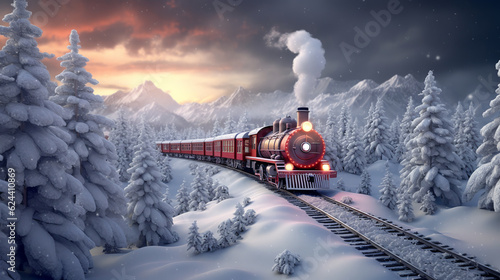 Cute christmas train goes through fantastic winter forest.ai generative © Oleksandr
