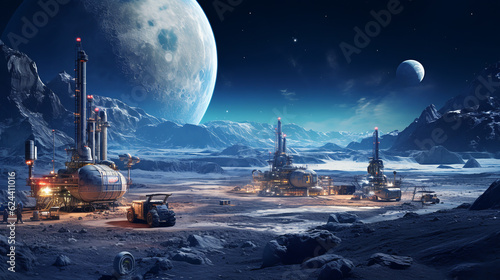 Fotografiet Space mining base operation on the moon surface, with planet Earth in the distance