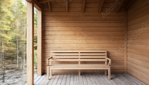 A wooden bench seat on a wooden porch, with wood roof close-up new interior modern © Nusrat