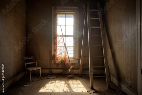 ladder leaning on attic door with sun rays peeking through  created with generative ai