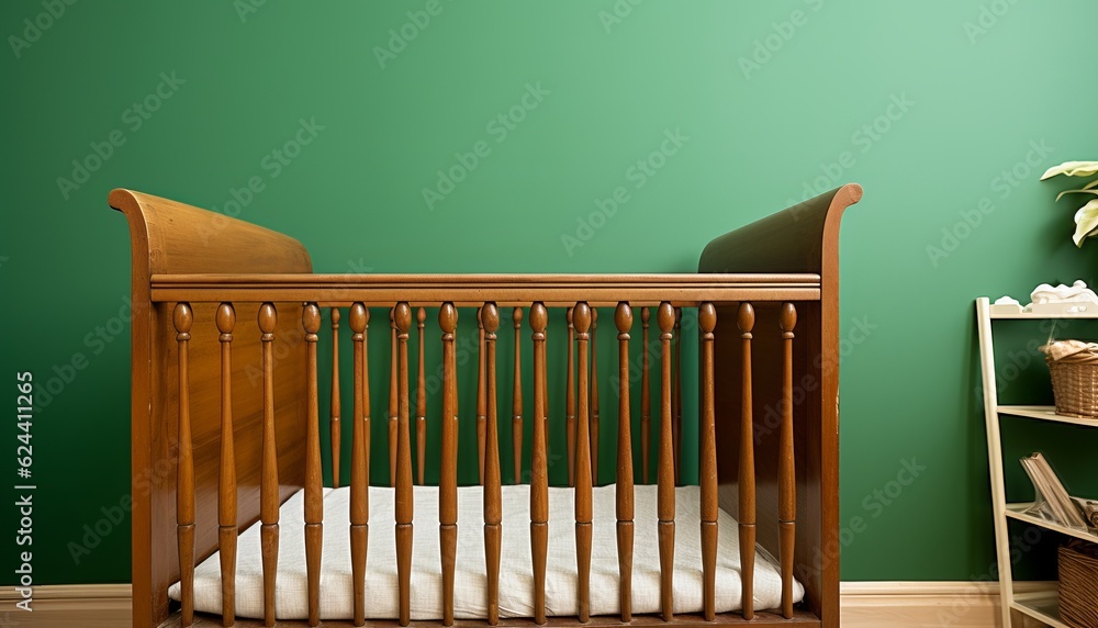 Antique retro wooden baby crib in babies room with green walls modern interior - obrazy, fototapety, plakaty 