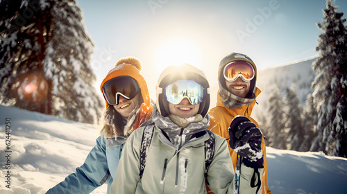 Group of young happy people Skiing On Snow Mountains. Travel, healthy life style, sport concept illustration made with AI generative