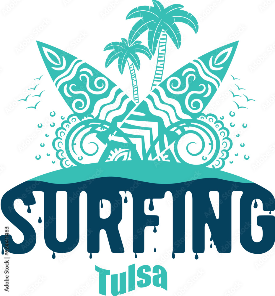 Naklejka premium Summer surfing T-shirt design. Summer t-shirt design vector. For t-shirt print and other uses