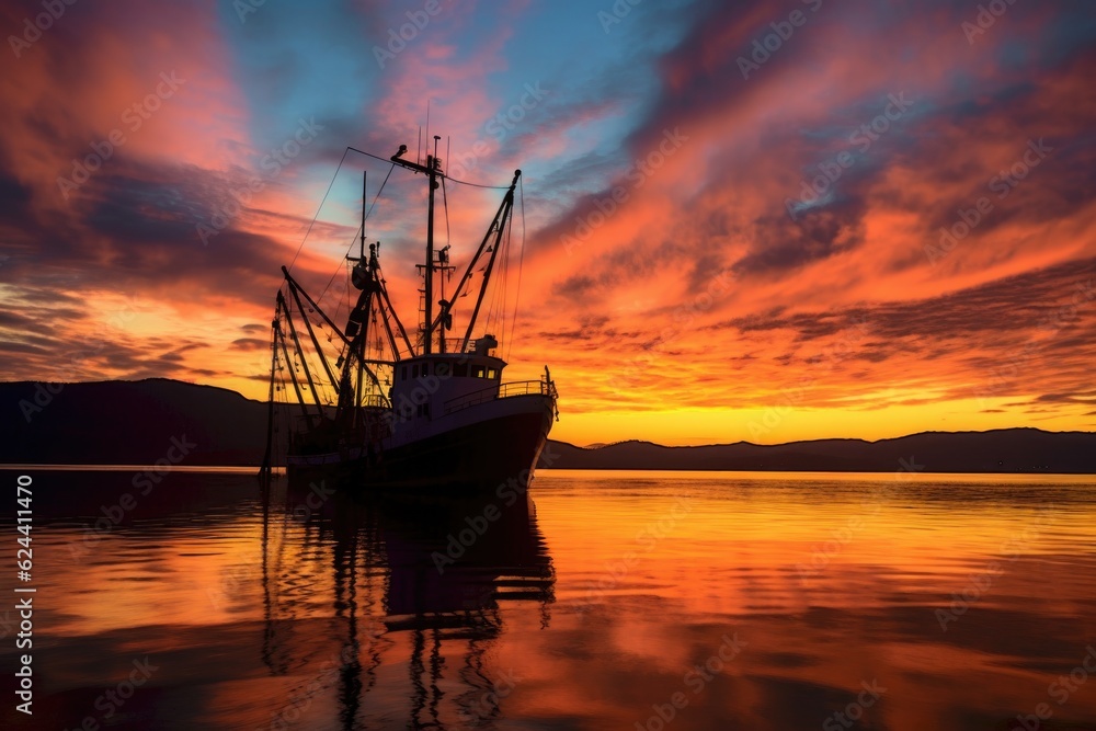 silhouette of a fishing trawler against colorful sunset sky, created with generative ai