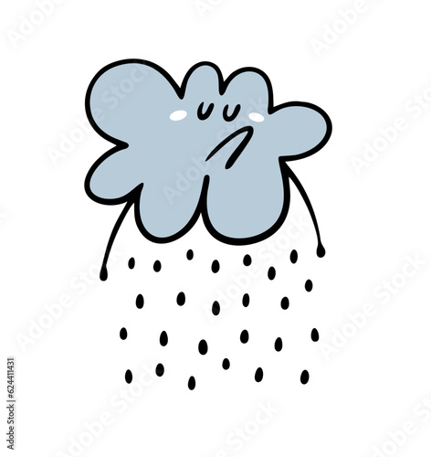 Cartoon cloud in the sky with a human face looks discontentedly to the side and the rain drips. Vector illustration of bad mood and weather.