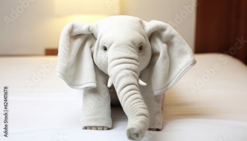 Beautiful elephant figure rolled from hotel towels on the bed, Hotel Towels on Bed clean and new