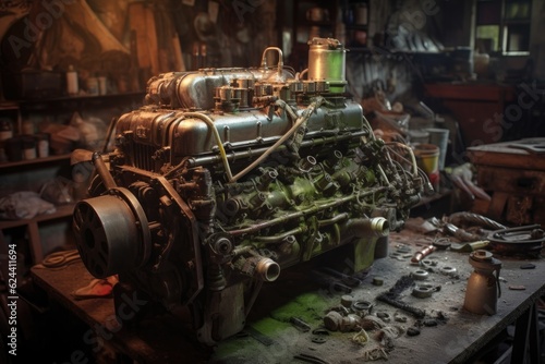 vintage car engine being restored in garage, created with generative ai
