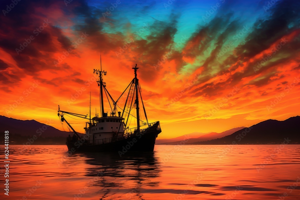 silhouette of fishing trawler against vibrant sunset sky, created with generative ai