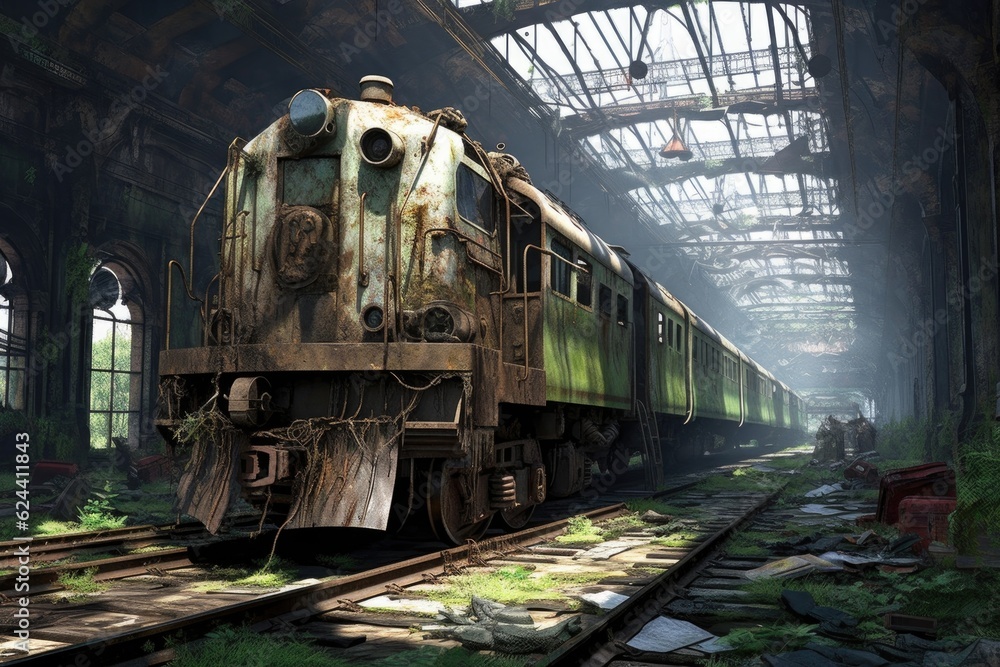 derelict train station with derailed locomotive in background, created with generative ai derelict train station with derailed locomotive in background, created with generative ai