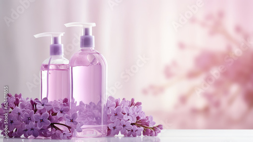 Bottle of liquid soap with serum  cosmetic gel  bast wisp and lilac flowers on light background.ai generative