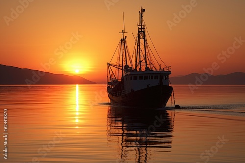 sun setting behind a fishing trawler on calm waters, created with generative ai