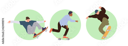 Isolated set of round icon composition of creative young sportive people skateboarder character