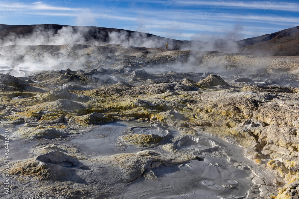 Stunning geothermic field of Sol de Mañana with its steaming geysers and hot pools with bubbling mud - just one sight on the lagoon route in Bolivia, South America Stunning geothermic field of Sol de Mañana with its steaming geysers and hot pools with bubbling mud - just one sight on the lagoon route in Bolivia, South America
