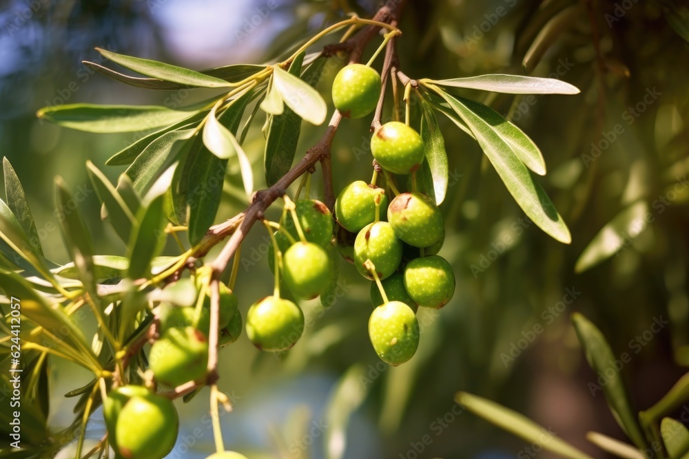 close-up of ripe olives on tree branch in sunlight, created with generative ai close-up of ripe olives on tree branch in sunlight, created with generative ai