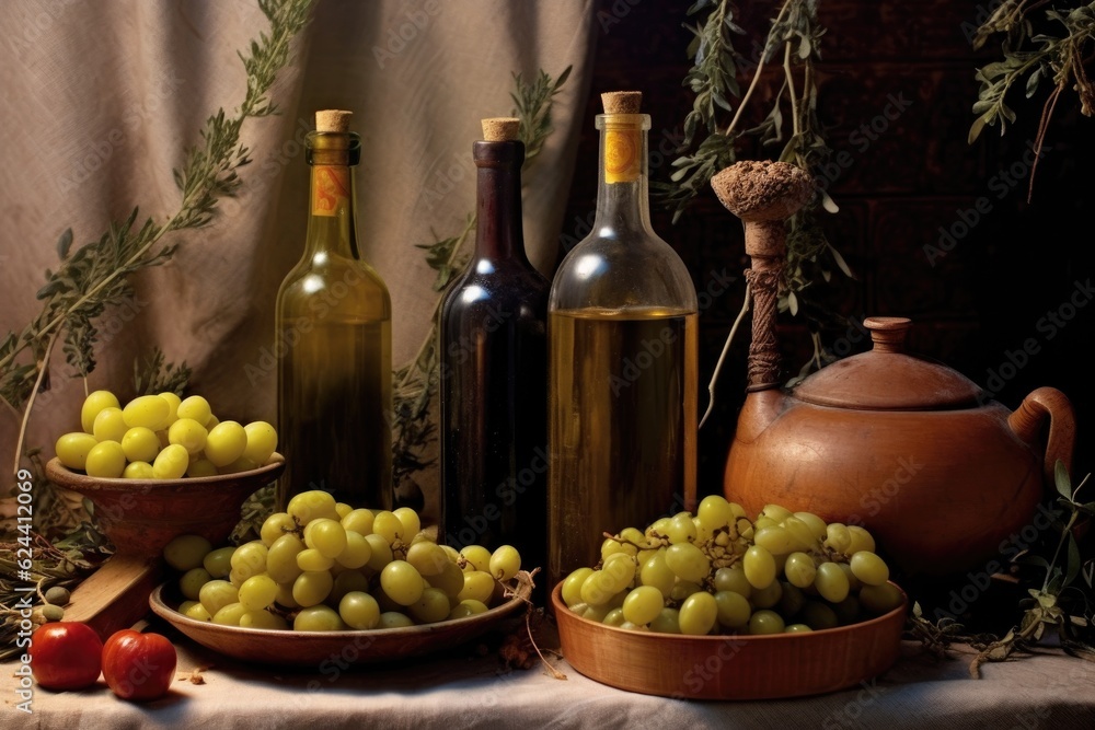 olive oil bottles with raw olives and branches in the background, created with generative ai olive oil bottles with raw olives and branches in the background, created with generative ai