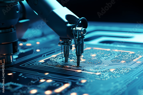 robotic arm prints a circuit board, close-up.ai generative