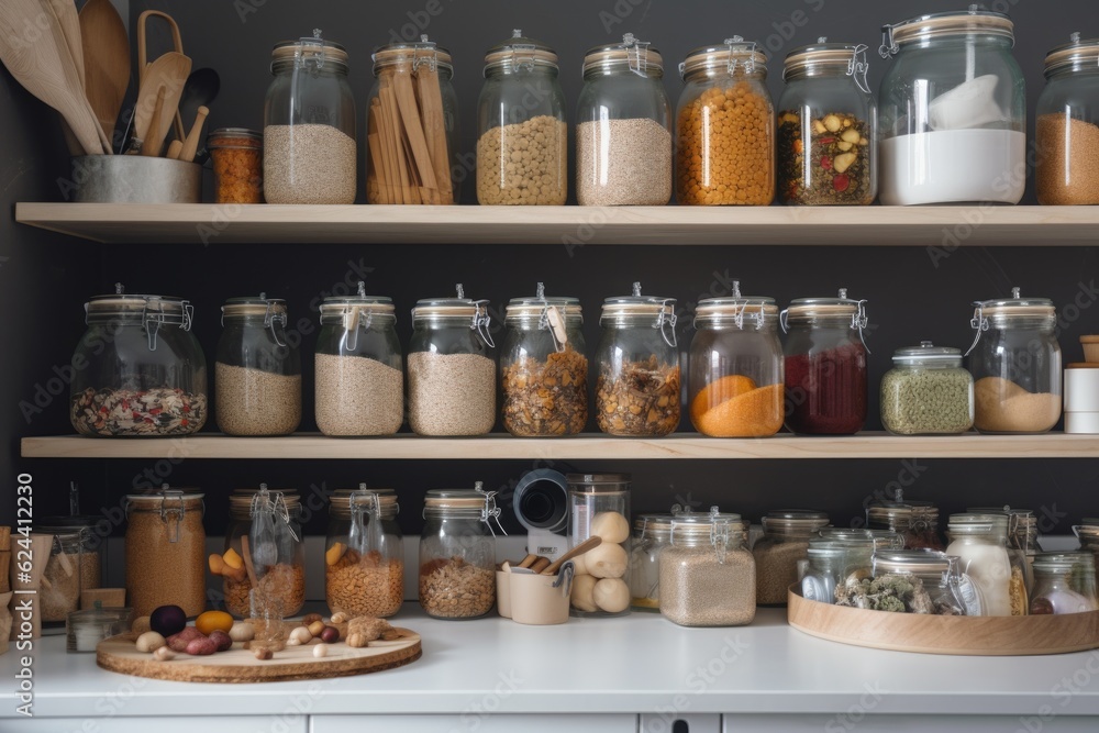 zero-waste kitchen, with reusable produce bags and glass jars for storing ingredients, created with generative ai zero-waste kitchen, with reusable produce bags and glass jars for storing ingredients, created with generative ai