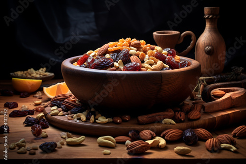 The mix of nuts and raisins in a wooden bowl.ai generative